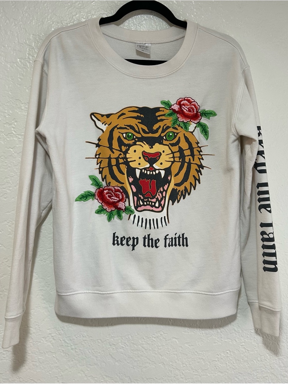 Freeze “Keep the Faith” Cream Graphic Tiger Crewneck Sweatshirt with Rose Accent